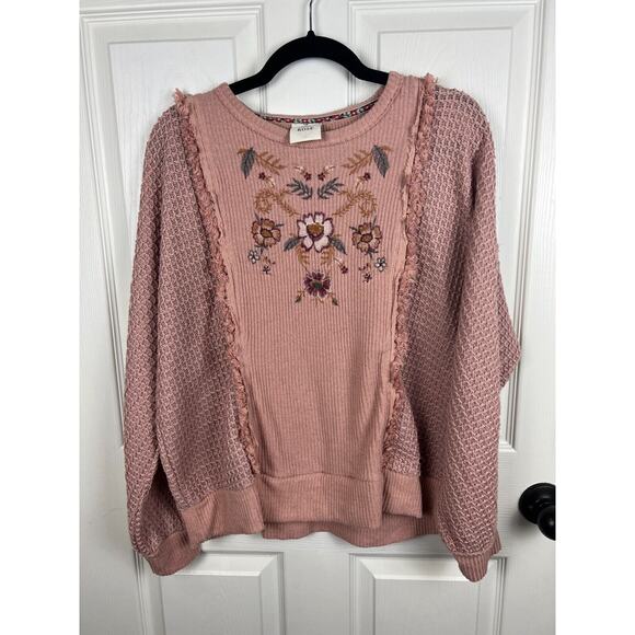 Knox Rose Pink Waffle Knit Floral Embroidered Raw Hem Sweater Top XXL Boho - Picture 7 of 8